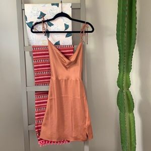 Rust cowl neck satin mini dress